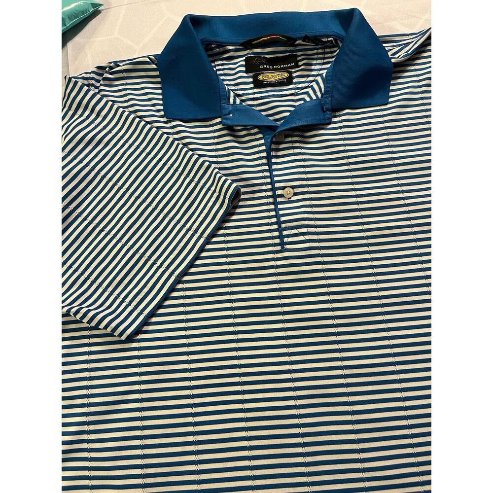 GREG NORMAN Shirt Golf PLAY DRY MENS XXL Moisture Wicking Blue Striped
